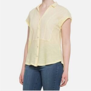 Lucky Brand Yellow Gauzy Woven Button Down Short Sleeve Blouse Size Large